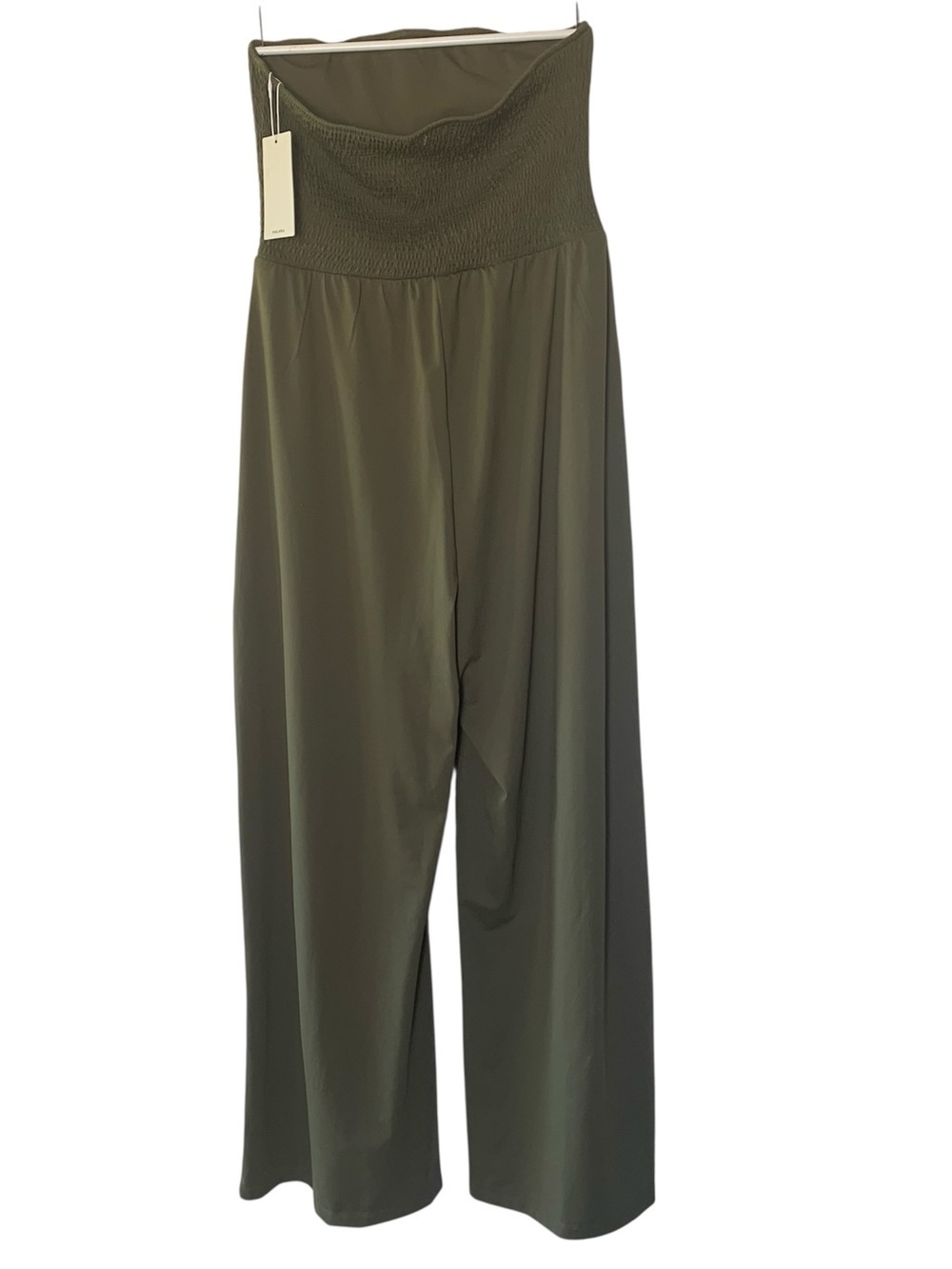 🆕 Halara Jumpsuit Shirred Knot Top Wide Leg Pant w Pockets! Event Guest Olive L - Picture 10 of 14